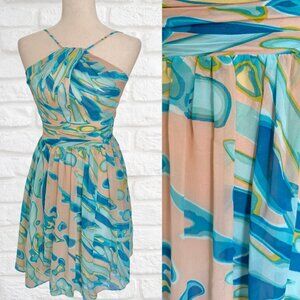 Trina Turk 2000's Pattern Fit & Flare Reverse Halter High Neck Mini Dress Sz 0